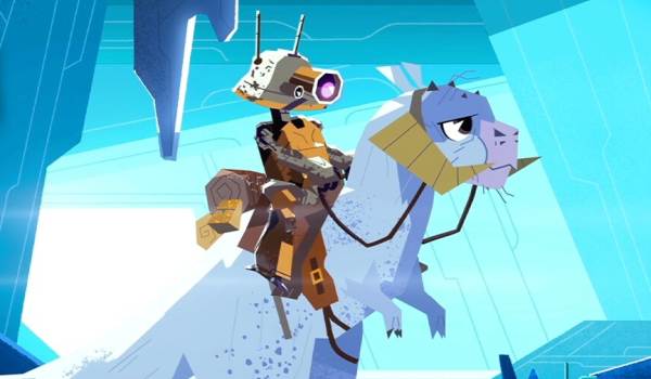 SF-R3 (Aree) rides a white, horned Tauntaun through an icy blue cavern in the 2021 educational series Star Wars Galaxy of Creatures.
