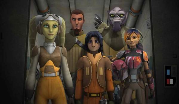 The crew of the Ghost—Hera Syndulla, Kanan Jarrus, Ezra Bridger, Zeb Orrelios, and Sabine Wren—stand together inside their starship in the 2014 animated series Star Wars Rebels.