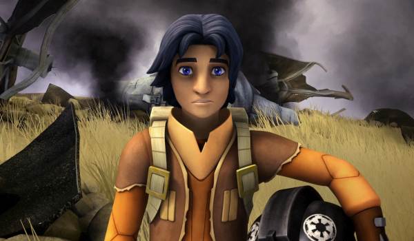 Ezra Bridger (voiced by Taylor Gray) stands before a smoking wreckage on the plains of Lothal in the 2014 animated series Star Wars Rebels.