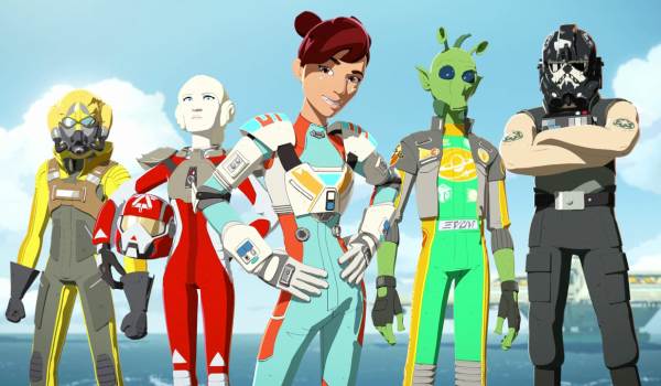 Five pilots from the Ace Squadron—Hype Fazon, Torra Doza, Tam Ryvora, Neeku Vozo, and Griff Halloran—stand together on a landing platform in the cel-shaded 2018 animated series Star Wars Resistance.