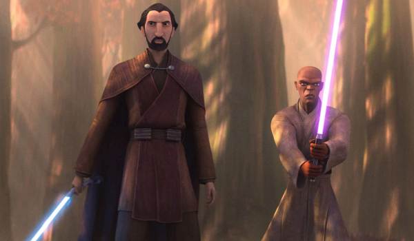 A younger Count Dooku (Corey Burton) and Mace Windu (Terrence C. Carson) stand in a forest with their lightsabers ignited in the 2022 animated series Star Wars: Tales of the Jedi.