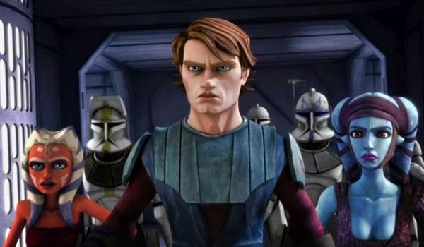 Anakin Skywalker (voiced by Matt Lanter), Ahsoka Tano, and Aayla Secura lead a group of clone troopers through a corridor in the 2008 animated series Star Wars: The Clone Wars.