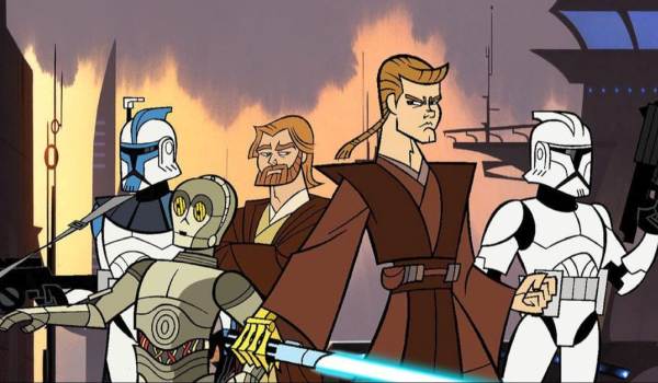 Anakin Skywalker (Mat Lucas), Obi-Wan Kenobi (James Arnold Taylor), C-3PO, Captain Rex, and a clone trooper stand in a stylized 2D animation style from the 2003 series Star Wars: Clone Wars.