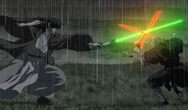 The Ronin and an elderly Sith bandit clash with lightsabers in the pouring rain during the "The Duel" episode of the 2021 anthology series Star Wars: Visions.