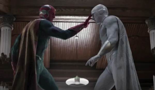 Television still of Paul Bettany as Vision fighting White Vision in the sci-fi show WandaVision