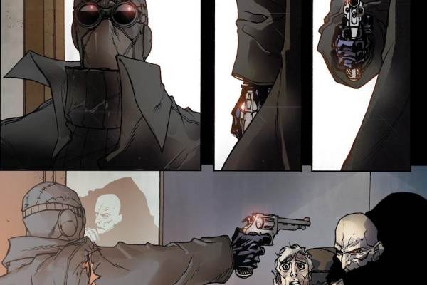 A comic book sequence featuring Spider-Man Noir confronting the Vulture, culminating in him drawing and aiming a revolver directly at the villain.