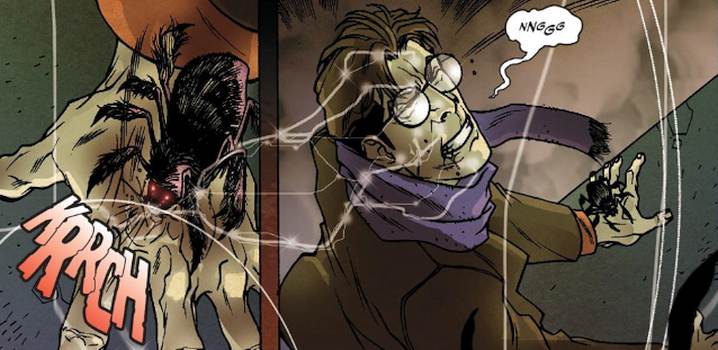 Comic book panel shows Peter Parker being bitten by a mystical spider