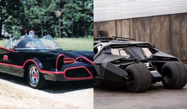 Comparison photo of the 1960s Batmobile and the Dark Knight Tumbler Batmobile