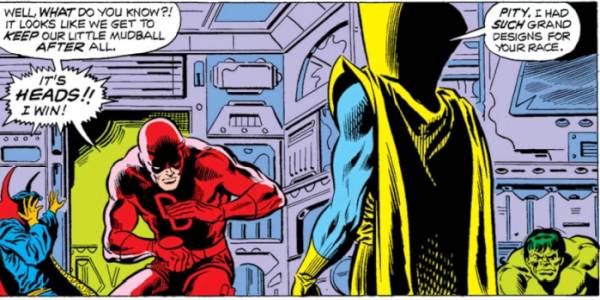 Daredevil confronting the cosmic entity known as the Grandmaster in Giant-Size Defenders #3 (1975) by Jim Starlin