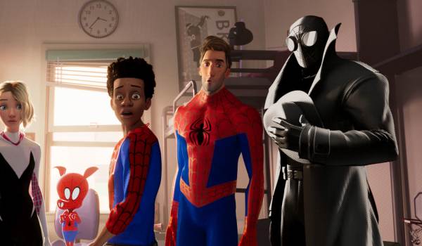 Six different Spider-heroes from alternate dimensions stand side-by-side in a bedroom, looking forward with wide-eyed, shocked expressions in Spider-Man: Into the Spider-Verse (2019)