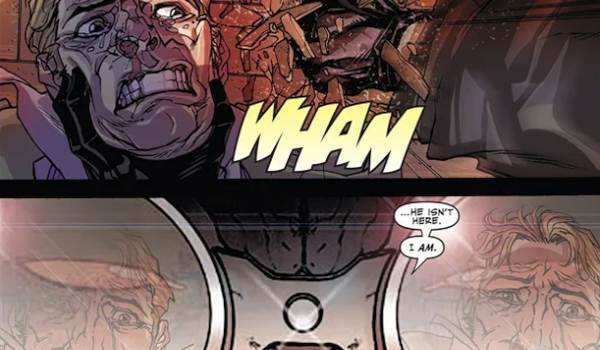 A two-panel comic book excerpt from Spider-Man Noir featuring a criminal being slammed into a wall, with the hero reflecting in the lenses of his mask below. 