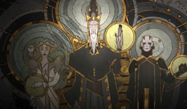 A stylized ancient mural from Star Wars Rebels depicting the Mortis gods: the Daughter in white with a convor bird, the Father in the center with a raised hand, and the Son in dark robes