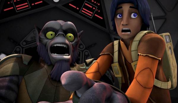 A close-up shot from Star Wars Rebels showing Garazeb 'Zeb' Orrelios and Ezra Bridger screaming in pure terror inside a darkened TIE Fighter cockpit, with Zeb's purple hand reaching out toward the screen.