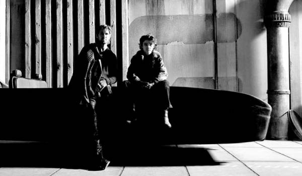 Black and white promotional photo of Ryan Gosling and Flynn Gray in Star Wars: Starfighter.