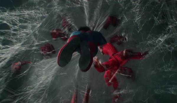 An overhead, motion-blurred shot of Spider-Man (Tom Holland) leaping or falling down into a massive, tangled web surrounded by defeated Hand ninjas in red outfits from Spider-Man: Brand New Day.