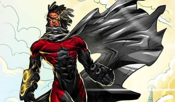 Comic book artwork of an independent superhero character created by Lonnie “Lō” Plater with a large dark cape against a cloudy sky.