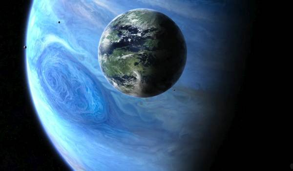 The lush, green habitable moon Pandora orbiting the massive, swirling blue gas giant planet Polyphemus in the Avatar film series.