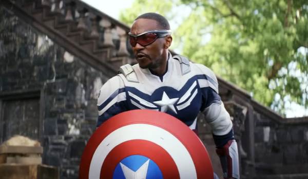 Anthony Mackie as Sam Wilson, the new Captain America, holding his iconic shield in Captain America: Brave New World.
