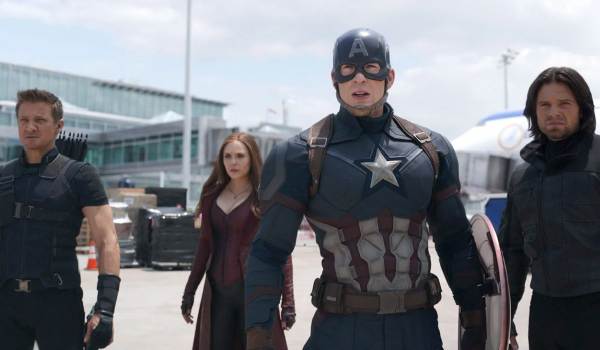 Jeremy Renner as Hawkeye, Elizabeth Olsen as Scarlet Witch, Chris Evans as Captain America, and Sebastian Stan as the Winter Soldier in the 2016 film Captain America: Civil War.