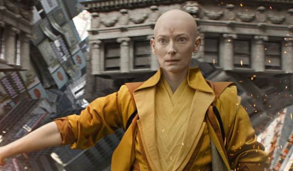Tilda Swinton as the Ancient One in her traditional robes and iconic mark on her forehead from the Marvel film Doctor Strange.