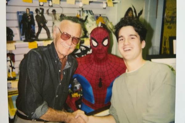 1993 photo of Stan Lee, Steve Wacker and Spider-Man