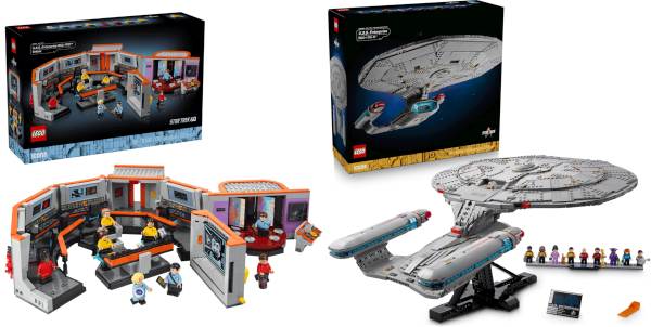 Side-by-side comparison of the Star Trek Original Series LEGO bridge set and the Star Trek: The Next Generation Enterprise-D LEGO set