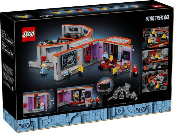 Star Trek 60th Anniversary LEGO box back showing the USS Enterprise NCC-1701 bridge and transporter room set details