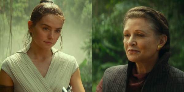 Movie still of Daisy Ridley as Rey, and Carrie Fisher as General Leia Organa in the sci-fi movie Star Wars: Episode VIII – The Last Jedi (2017)