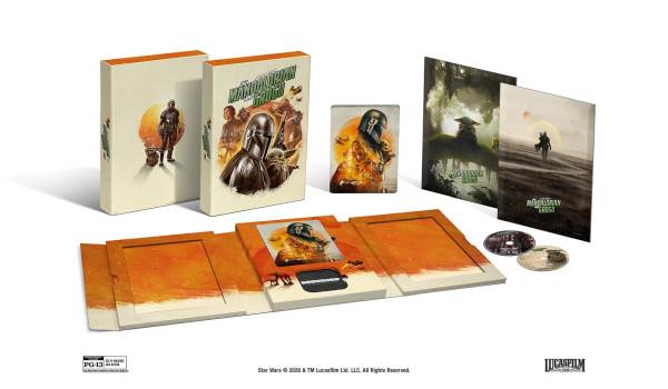 A promotional display of the 2026 home media release for the film Star Wars: The Mandalorian and Grogu, including the Blu-ray, 4K UHD, and special edition packaging.