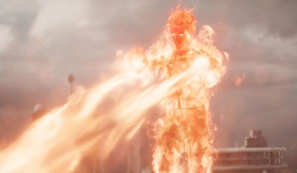The Human Torch engulfed in flames and projecting fire in the Marvel movie The Fantastic Four: First Steps.