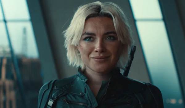 Florence Pugh as Yelena Belova looking forward with a slight smile in the Marvel film Thunderbolts*.