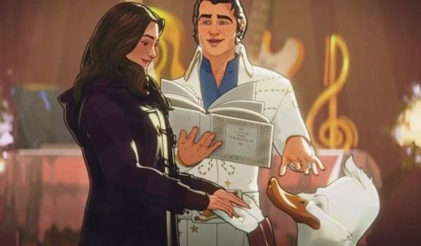 Animated Darcy Lewis and Howard the Duck at a wedding ceremony officiated by an Elvis Presley lookalike in Marvel's What If...?
