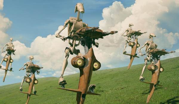 Battle Droids riding STAP hover platforms across grassy hills, Star Wars Episode I The Phantom Menace
