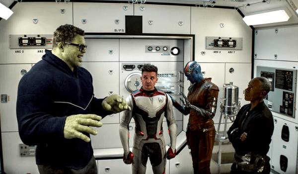 Mark Ruffalo as Bruce Banner/Hulk, Jeremy Renner as Clint Barton/Hawkeye, Karen Gillan as Nebula, and Don Cheadle as James Rhodes/War Machine in the sci-fi movie Avengers: Endgame (2019)