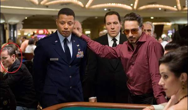 Terrence Howard as Rhodey, and Robert Downey Jr. as Tony Stark / Iron Man in the sci-fi movie Iron Man (2008)