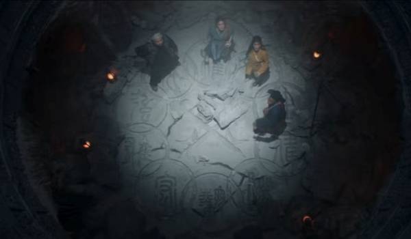 Four Clandestines in a carved stone chamber in the Ms. Marvel Disney+ series