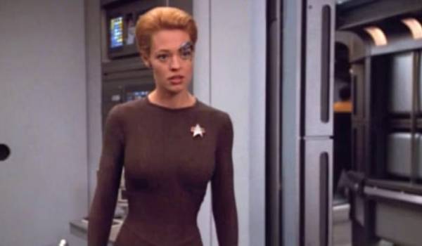 Television still of Jeri Ryan as Seven of Nine in the sci-fi show Star Trek: Voyager