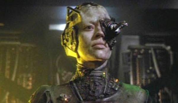 Television still of Jeri Ryan as Seven of Nine in her first appearance on the sci-fi show Star Trek: Voyager