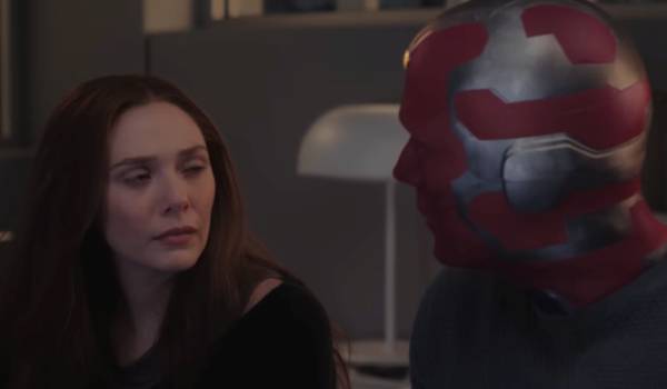 Television still of Elizabeth Olsen as Wanda Maximoff, Paul Bettany as Vision in the marvel show WandaVision